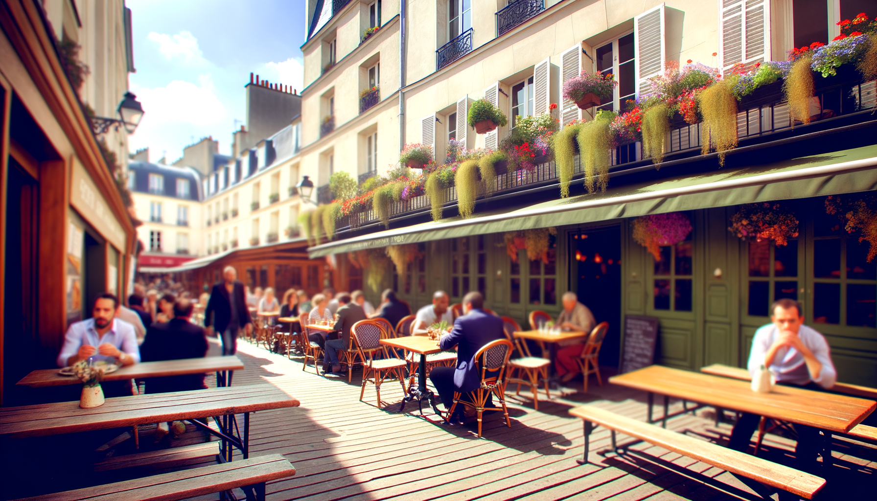 Vue extérieure du Bistrot du Marché avec terrasse et tables en bois